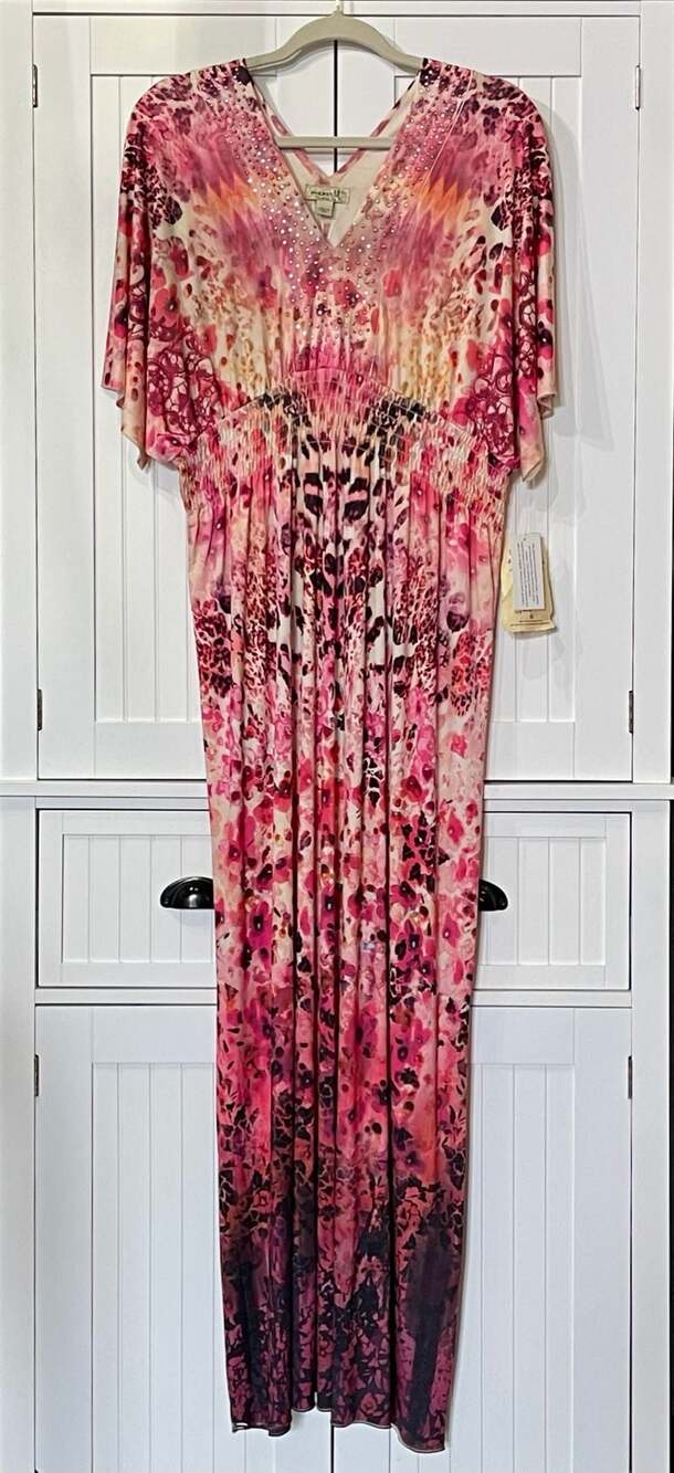 One World XL Pink Floral Embellished V-Neck Maxi Dress